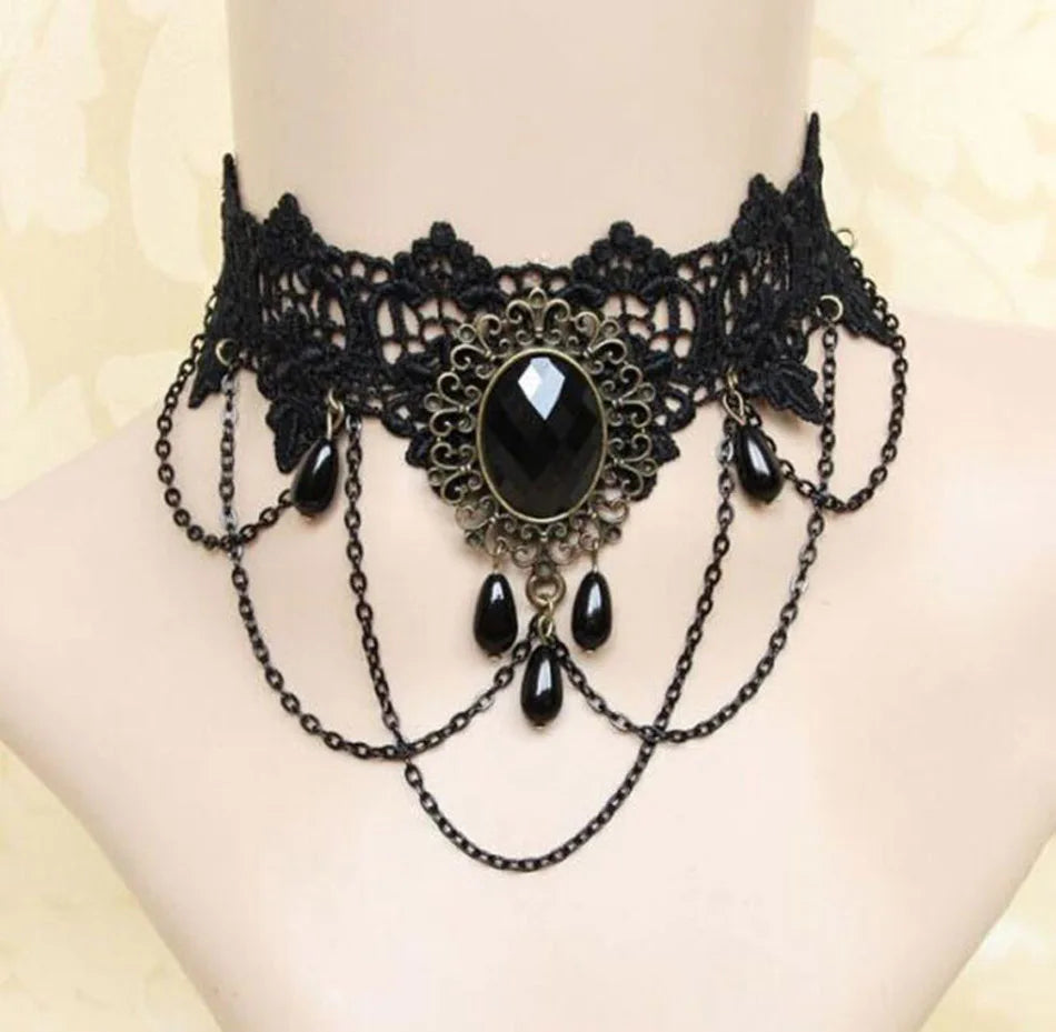 Lady Neck Jewelry Accessories Girl Lace Gothic Choker for Women Vintage Sexy Fashion Velvet Rose Beads Flower Necklace