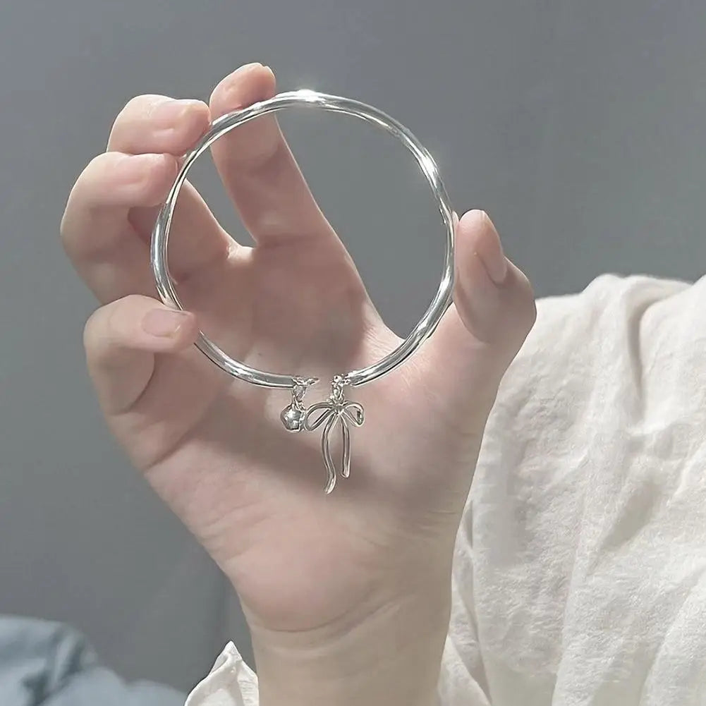 Luxury Silver Bow Knot Bell Bracelet Adjustable Open Girls Women