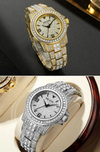MEGIR New Golden Luxury Watches for Women Fashion Crystal-accented Waterproof Quartz Wristwatch with Stainless Steel Strap