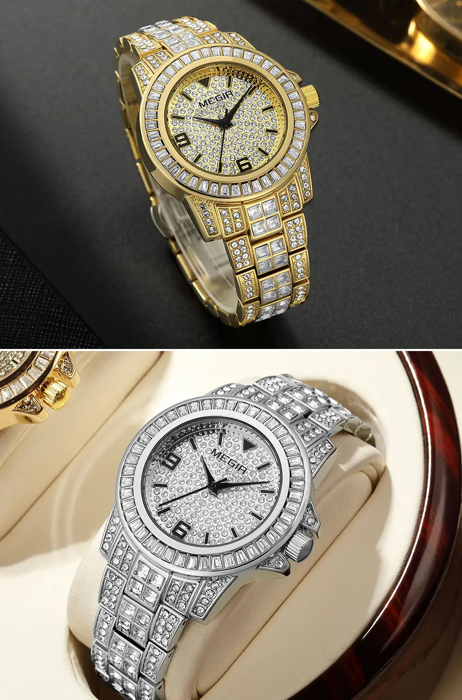 MEGIR New Golden Luxury Watches for Women Fashion Crystal-accented Waterproof Quartz Wristwatch with Stainless Steel Strap