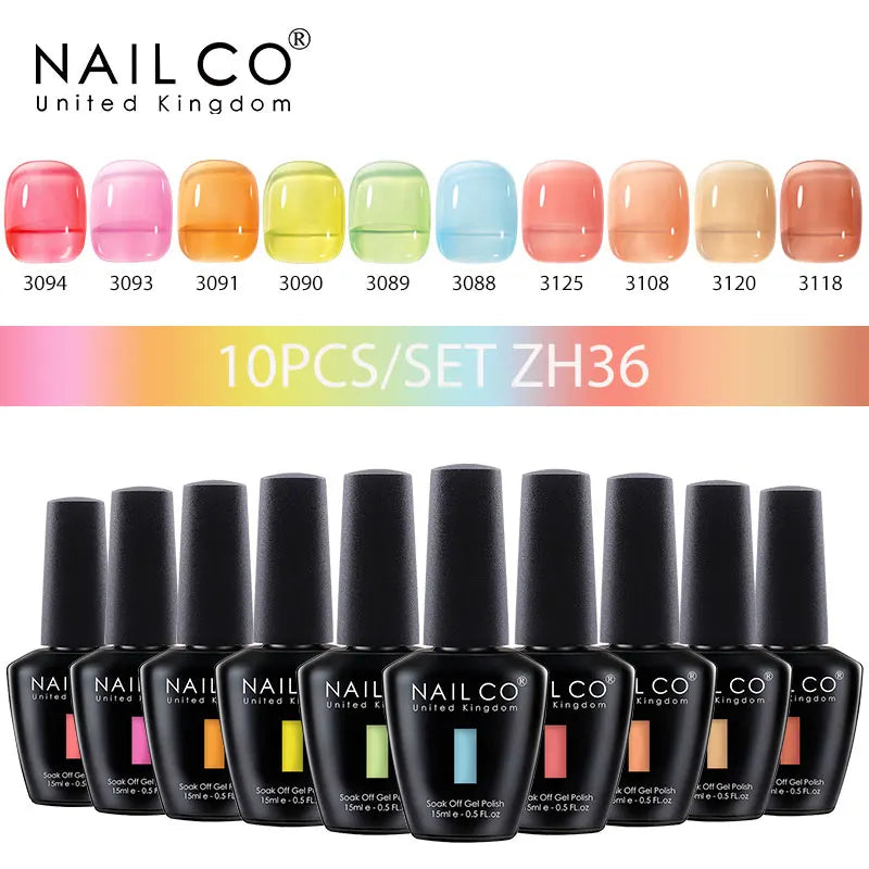 NAILCO 10PCS/Set Gel Nail Polish Gorgeous Full Coverage Semi Permanent Soak Off UV LED Gel Nail Art Base Top Coat Gel Polish Kit