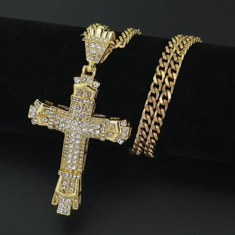 Mens Jewellery Cross Necklace Chain for Men Stainless Steel Necklace Men Hip Hop Jewelry Rhinestone Religious Pendant Collares