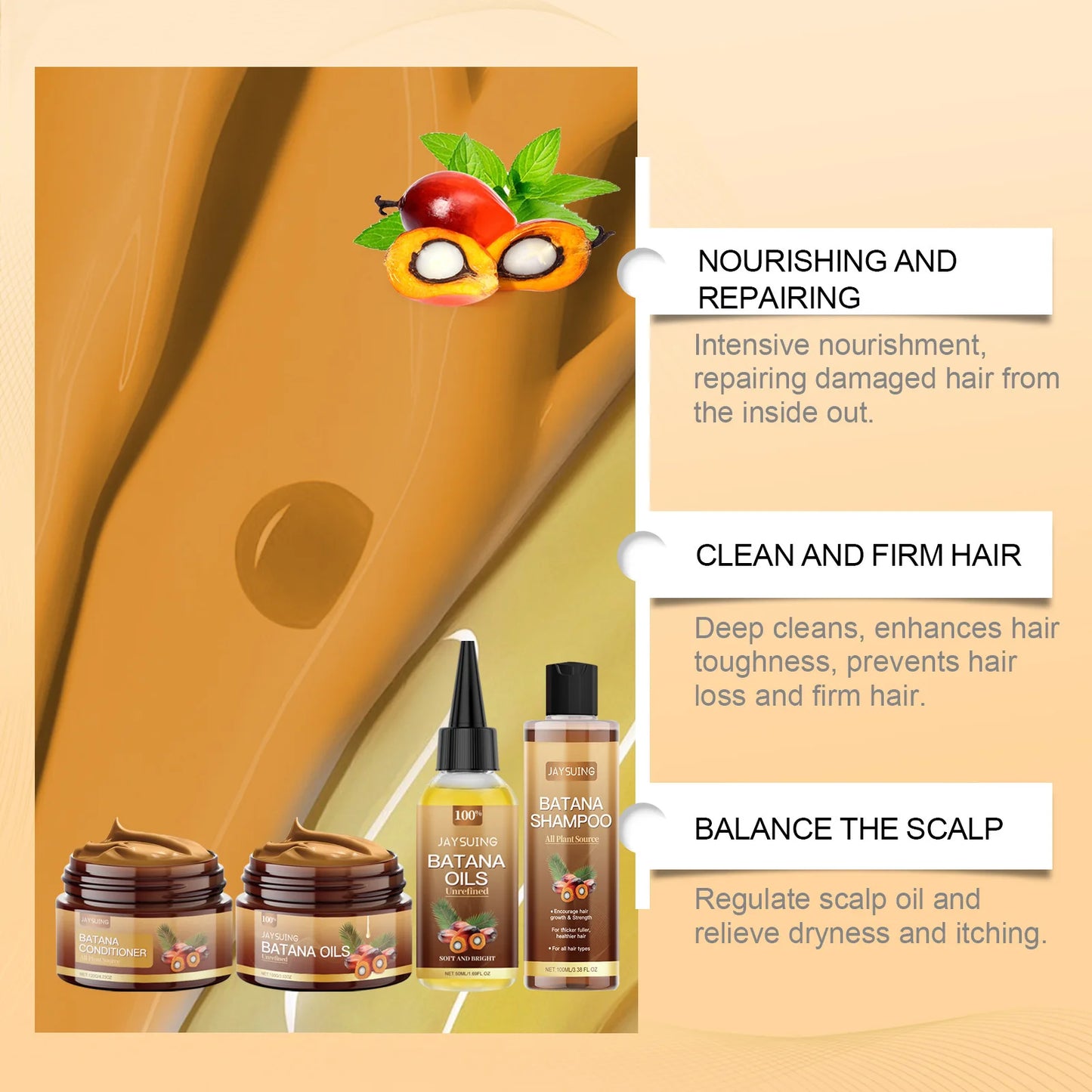 Hair Care Product Batana Oil Shampoo Conditioner Repair Split Ends Frizzy Damage Moisturize Smooth Shiny Keratin Hair Mask Serum