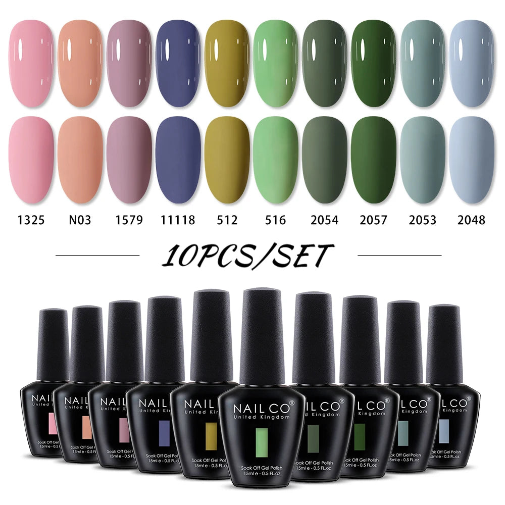 NAILCO 10PCS/Set Gel Nail Polish Gorgeous Full Coverage Semi Permanent Soak Off UV LED Gel Nail Art Base Top Coat Gel Polish Kit