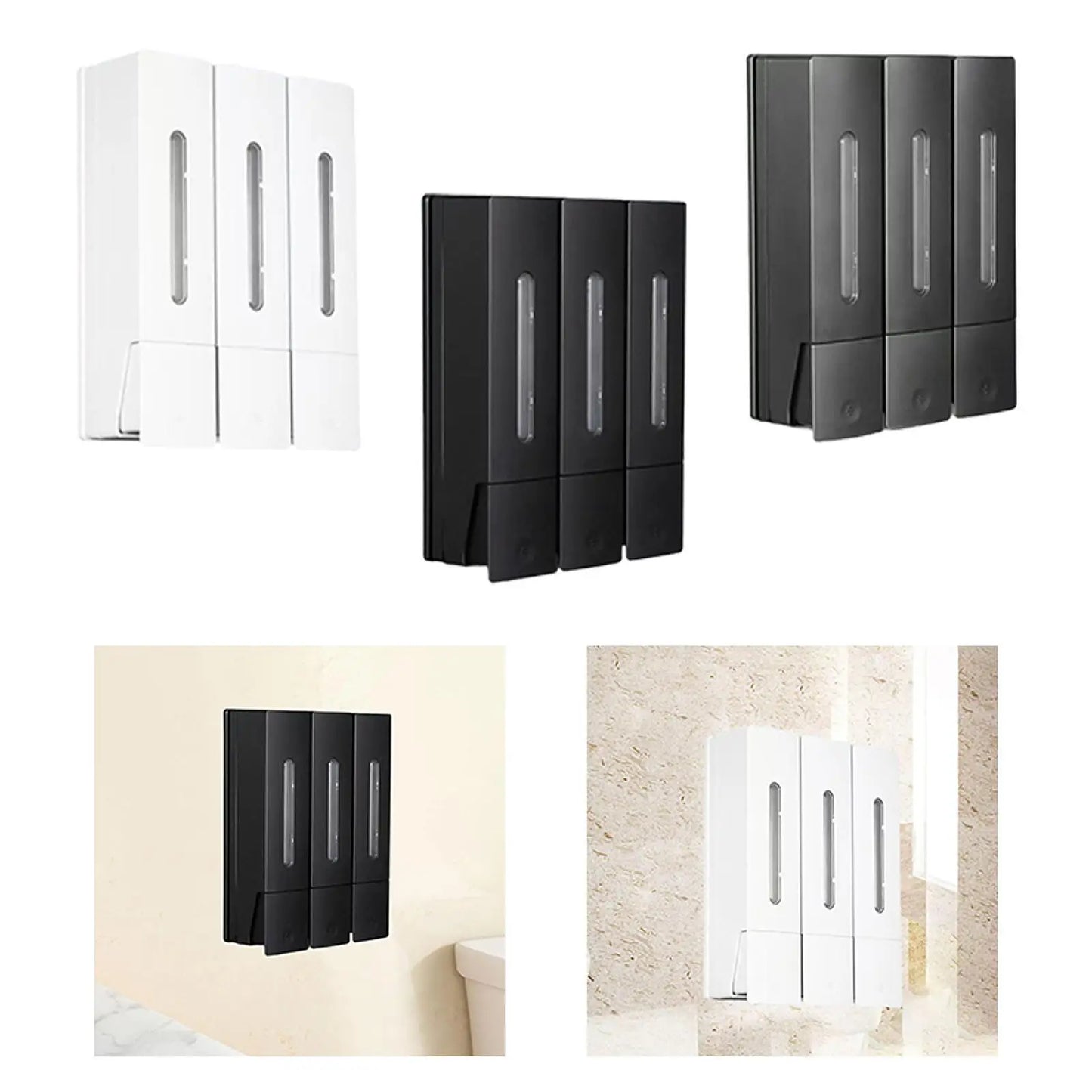Three Chamber Wall-Mounted Dispenser for Shampoo and Conditioner in Bathrooms