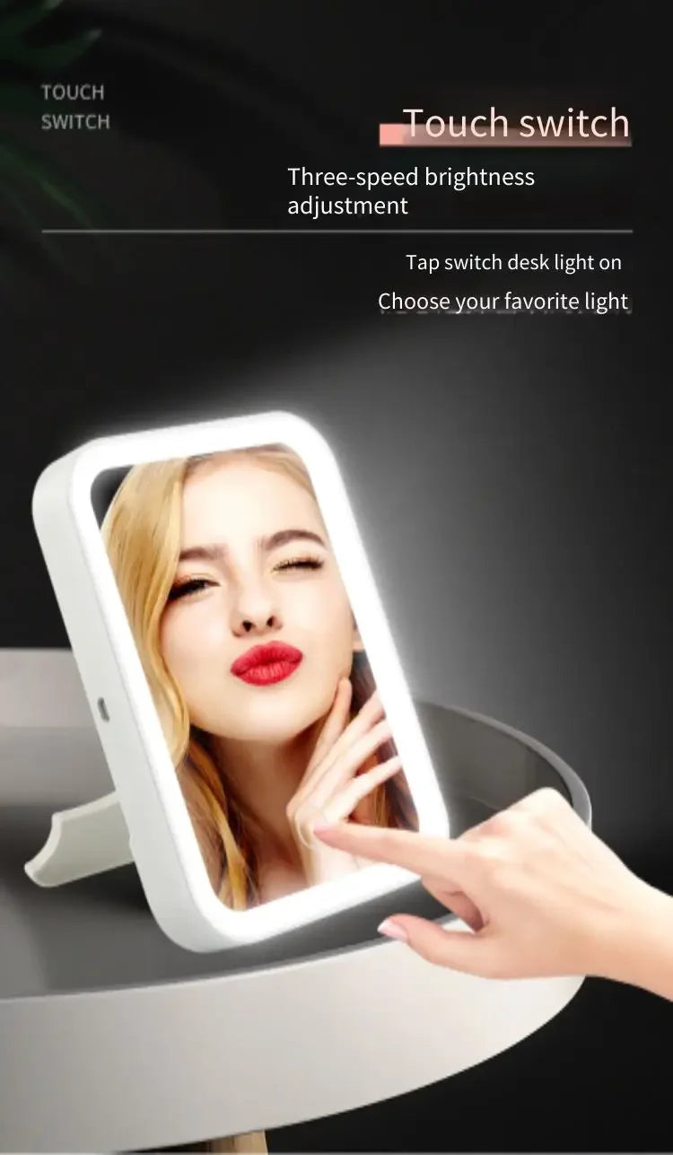 Makeup Mirror USB Rechargeable Portable Compact LED Vanity Mirror with Touch Screen Dimming Makeup Mirror