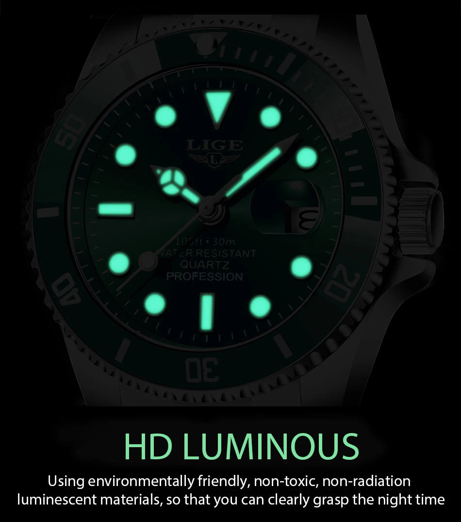 LIGE Top Luxury Watches For Men Fashion 30M Waterproof Luminous Date Quartz Wristwatches Casual Business Mens Watch Roloj Hombre