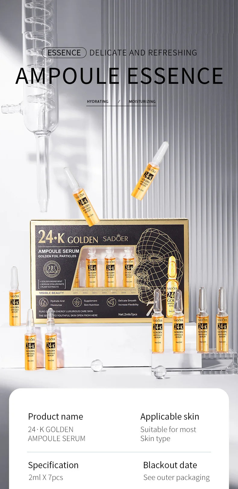 7pcs/Kit SADOER Ampoule Vitamin C 24K Gold Hyaluronic Acid Serum for Face Moisturizing Brightening Hydrating Facial Essence
