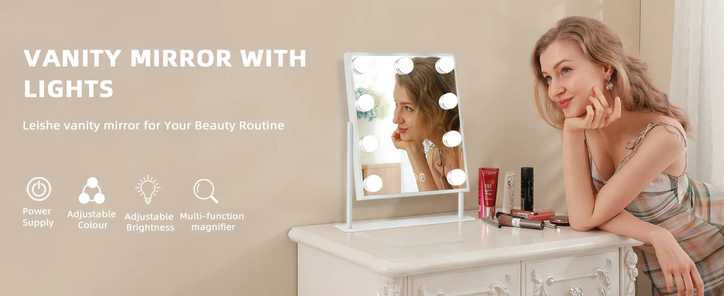 Makeup Mirror with 9 Bulbs Lights LED Vanity Mirror,3 Color Mode Dimming,Detachable 10X Zoom Mirror,360° Rotation,Metal Frame