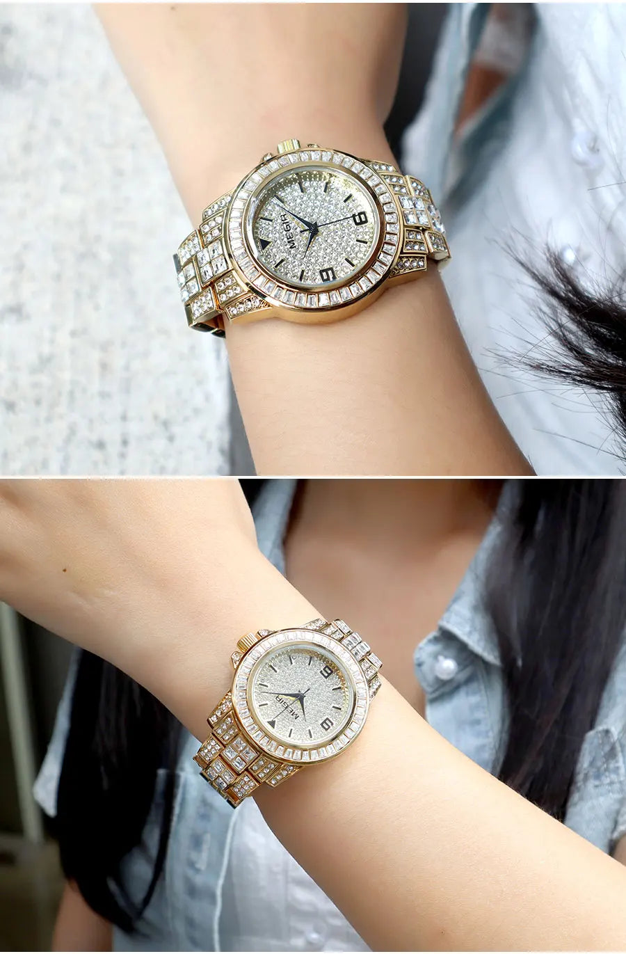 MEGIR New Golden Luxury Watches for Women Fashion Crystal-accented Waterproof Quartz Wristwatch with Stainless Steel Strap