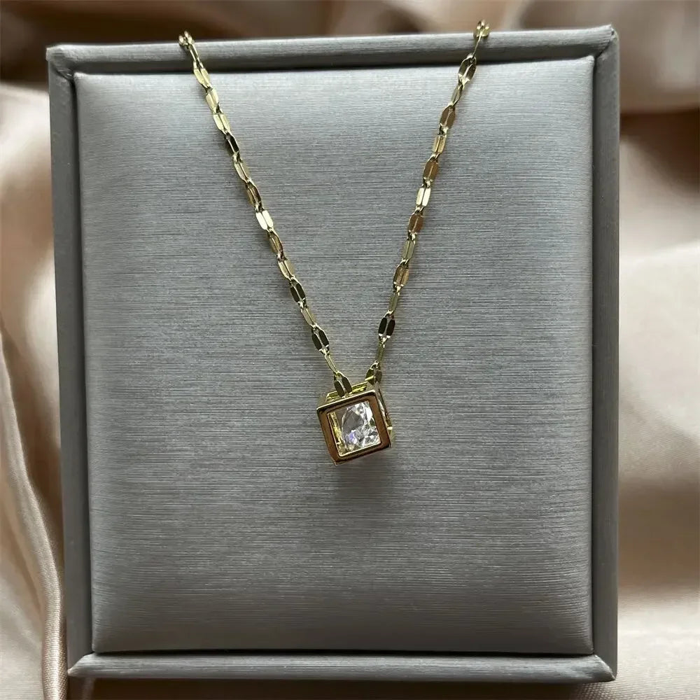 Charms Necklace For Women Aesthetic Cube White Zircon Gold Color Choker Chain On Neck Jewelry Korean Pendants