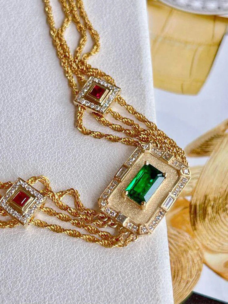 Luxury Vintage Emerald Bracelets For Women Zircon Charm Four-layers Golden Chain Bracelet Exquisite Jewelry Mother's Day Gifts