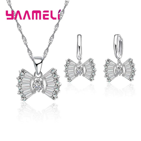 Lovely Women Bowknot Pendants Necklaces Earrings Jewelry Set For Party Accessory Anniversary 925 Sterling Silver Jewellery Sets