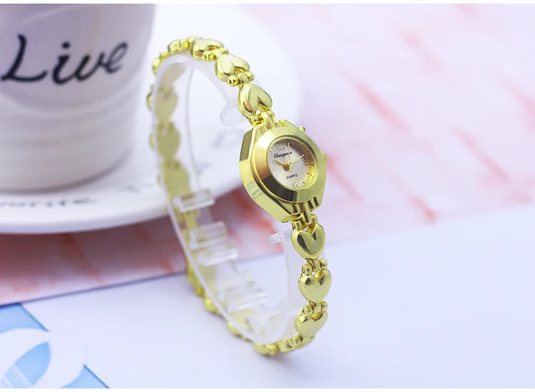 Luxury Woman Lady Gold Love Pendant Bangle Bracelet Wristwatches Young Female Girls Fashion Waterproof Gifts Thin Strap Watches
