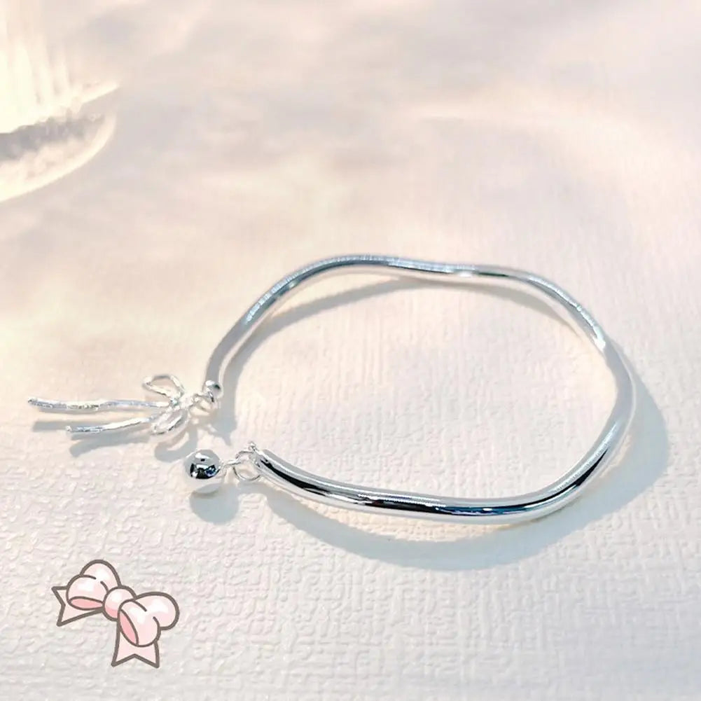 Luxury Silver Bow Knot Bell Bracelet Adjustable Open Girls Women
