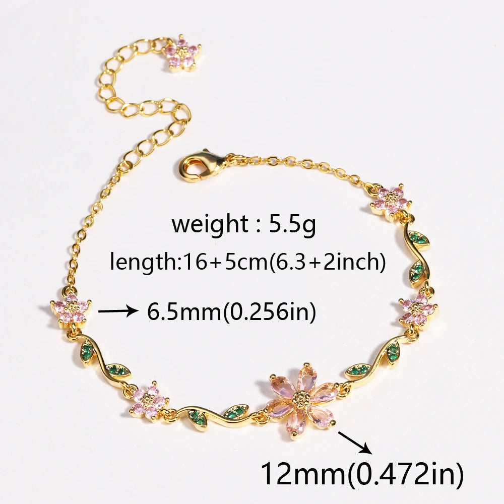 Luxury Pink Zircon Flower Bracelet For Women Girls Sweet Gold Color Crystal Adjustable Bracelet Jewelry Gift