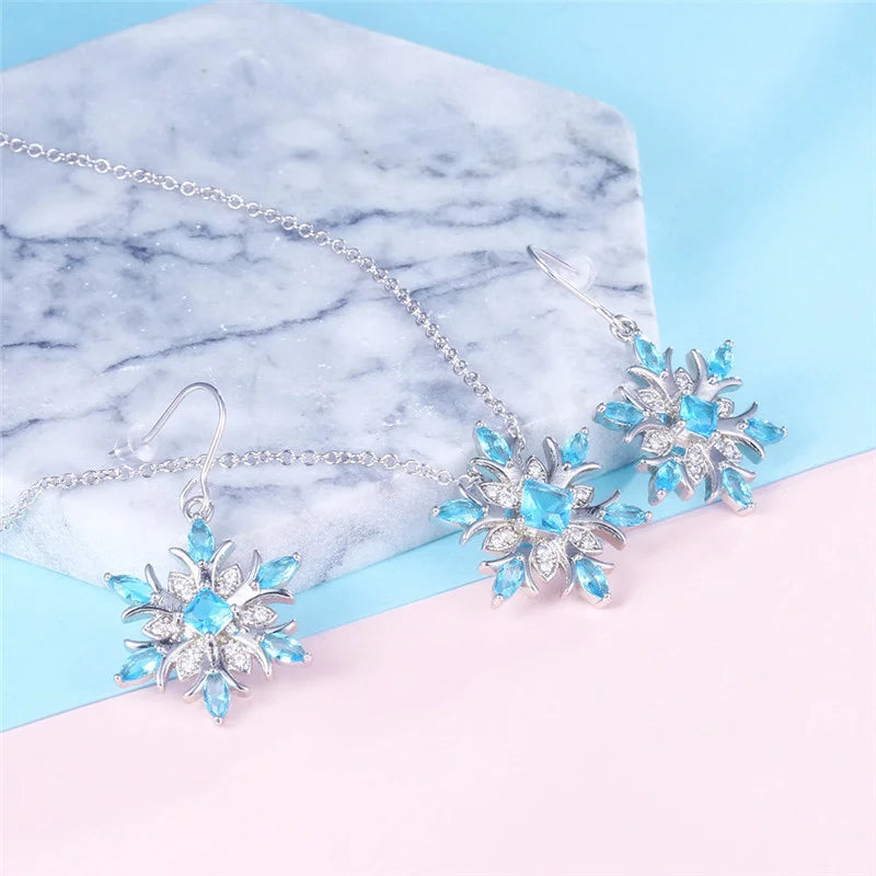 Bague Ringen Earrings for Women Charms Female Fashion Jewelry Artificial Aquamarine Snowflake Ear drops Blue Gemstones Party