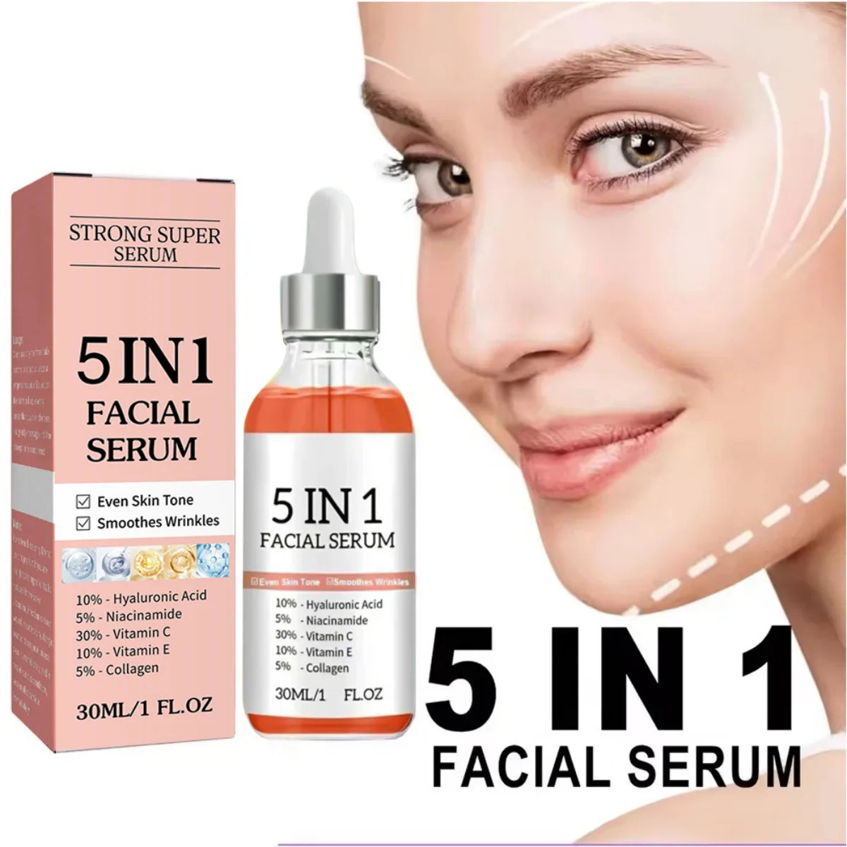 5 In 1 Fade fine lines Firming Face Serum Moisturizing brightning Vitamin C Hyaluronic Acid Facial Serum Shrink Pores Skin Care