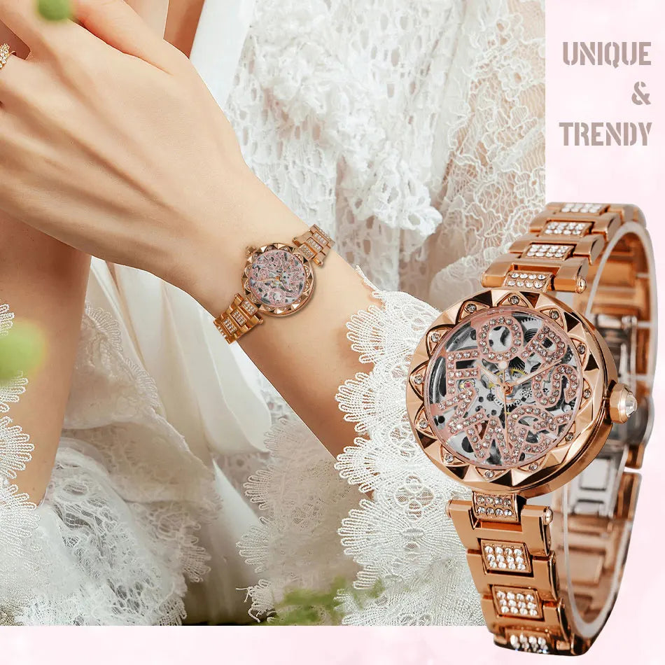 Luxury Brands Fashion 2025 New Women's Watches 3D Diamond Stainless Steel Skeleton Mechanical Clock Elegant Ladies Wedding Gift
