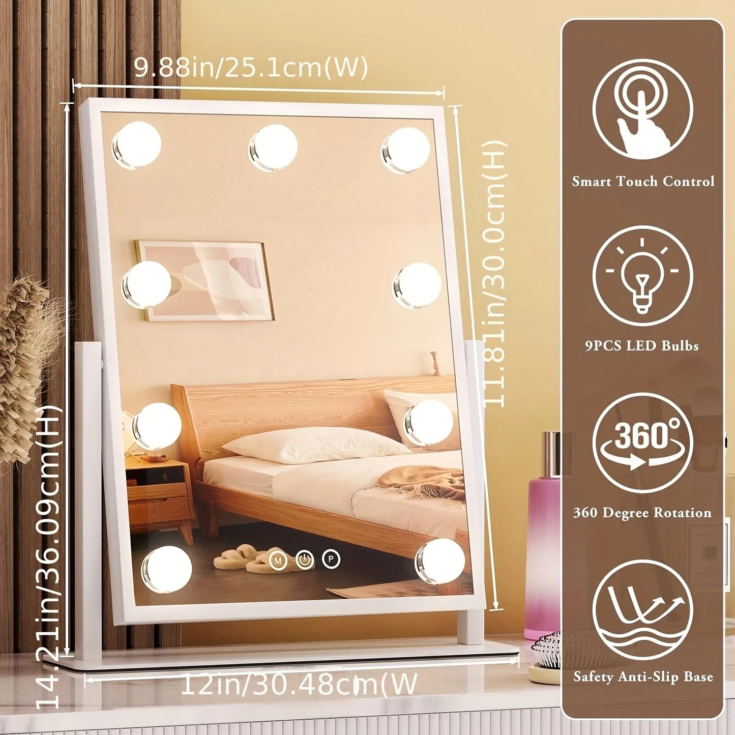 Makeup Mirror with 9 Bulbs Lights LED Vanity Mirror,3 Color Mode Dimming,Detachable 10X Zoom Mirror,360° Rotation,Metal Frame