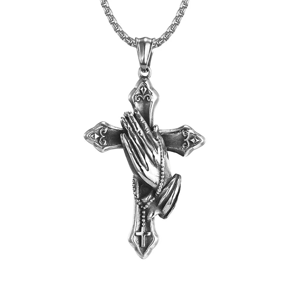 Necklace For Men National Retro Style Hand Of Prayer Stainless Steel Cross Fresh Fashion Necklace Personality Niche Pendant