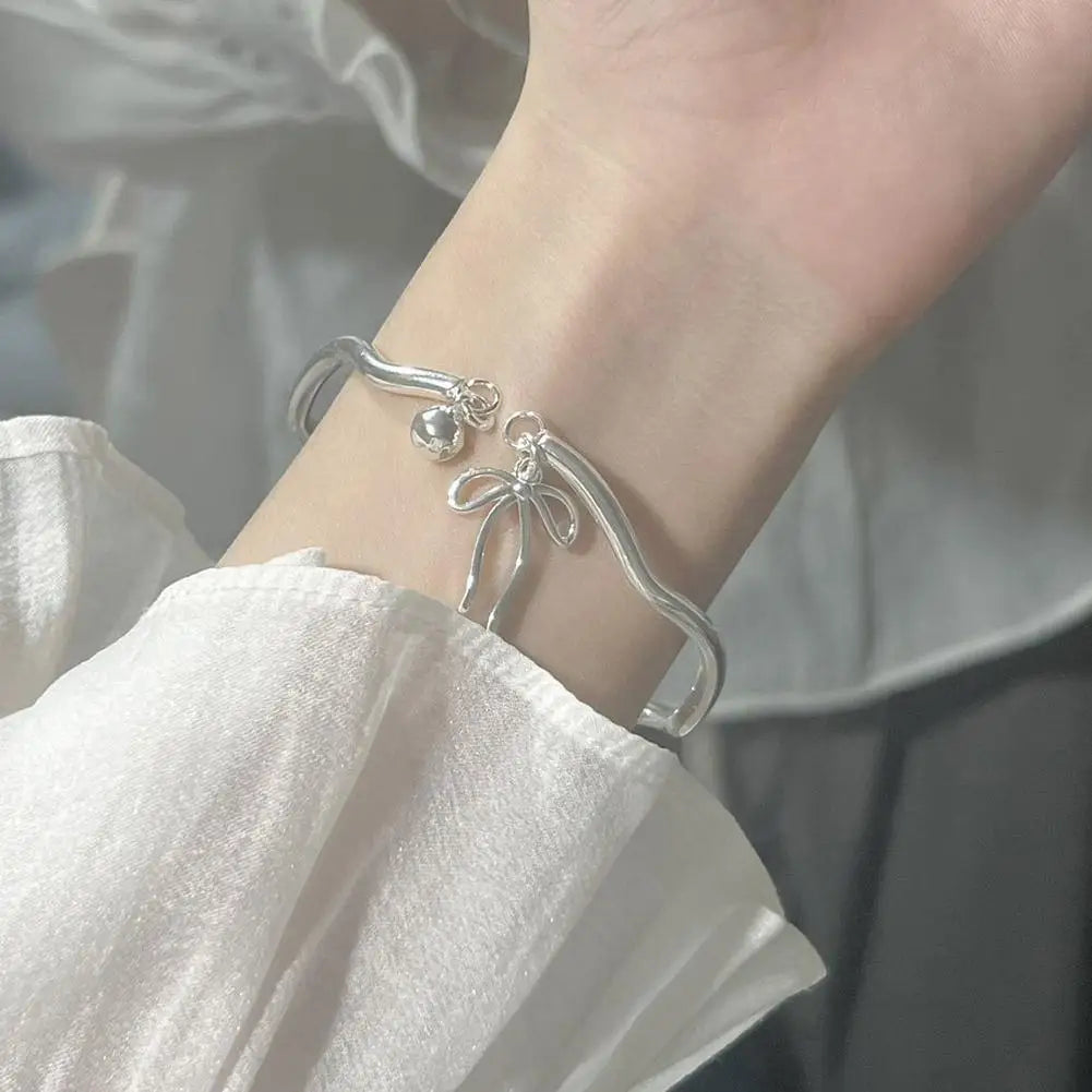 Luxury Silver Bow Knot Bell Bracelet Adjustable Open Girls Women