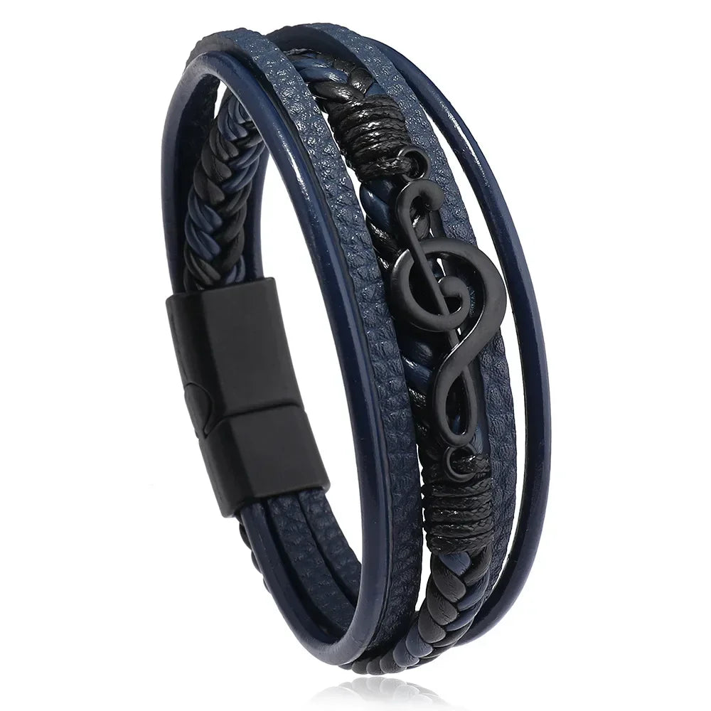 Pulsera Hombre Bracelets For Men New Retro Creative Music Symbol Simple Leather Multi-layer Bracelets Magnetic Buckle Jewelry
