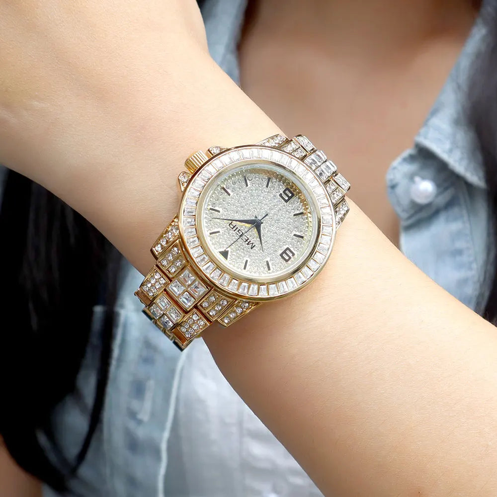 MEGIR New Golden Luxury Watches for Women Fashion Crystal-accented Waterproof Quartz Wristwatch with Stainless Steel Strap
