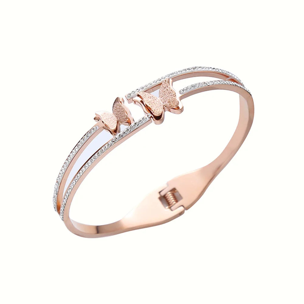 Luxury Crystal Butterfly Bracelet, Silver Gold Plated Women's Bracelet White, Double Layer Zircon Spring Bracelet, Girls Gift