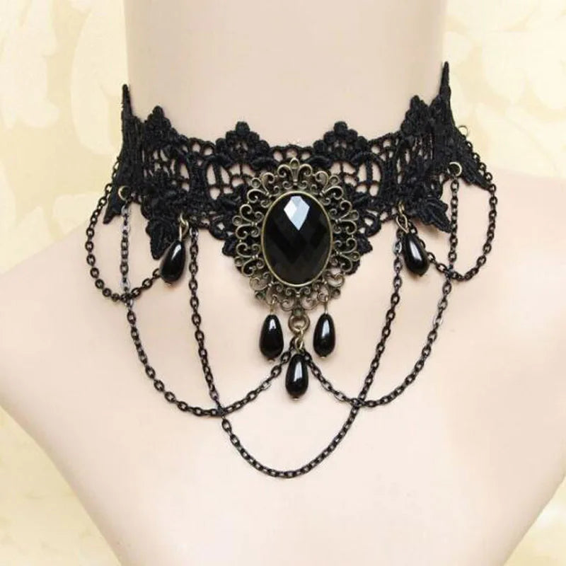 Lady Neck Jewelry Accessories Girl Lace Gothic Choker for Women Vintage Sexy Fashion Velvet Rose Beads Flower Necklace