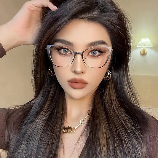 Blue Light Blocking Glasses Cat Eye Color Block Metal Frame Clear Lens Computer Glasses Spectacles For Women