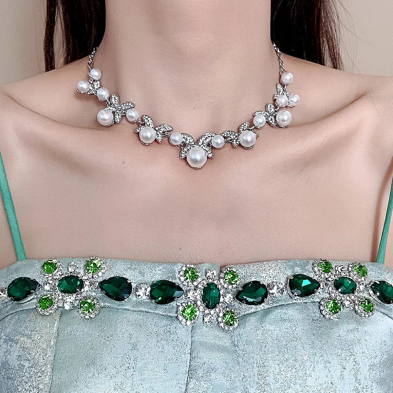 3PCS Wedding Jewellery Necklace Set Pearl Earrings Women Head Accessories Bridal Rhinestones Necklace Sets