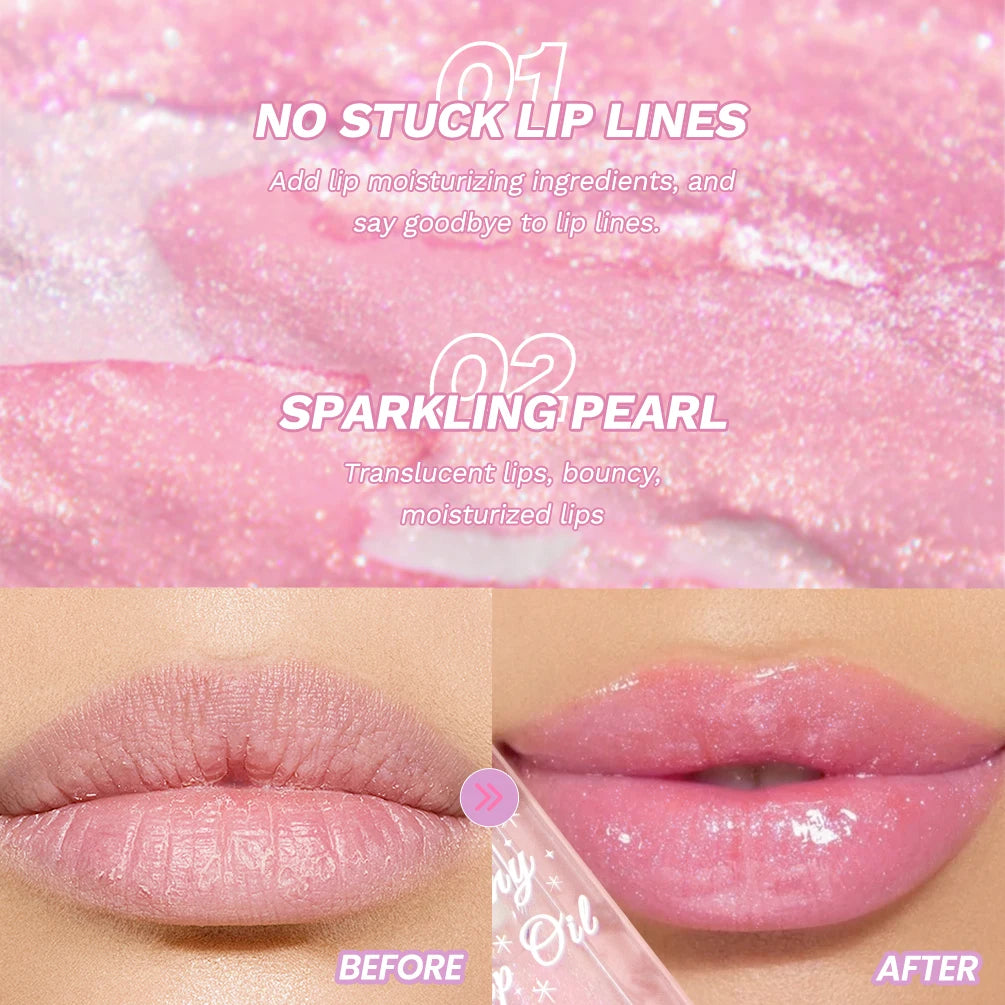 Pearlescent Pink Glitter Lip Oil Lustrous Color Changing Lip Gloss Moisturizing Makeup Lip Balm Mirror Glass Lip Glaze Cosmetics