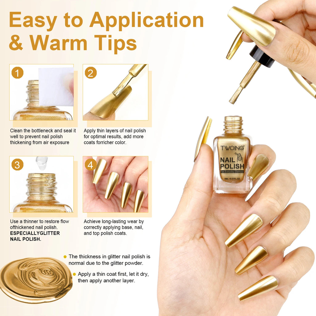 8ml Gold Metallic Nail Polish Bright Metal Mirror Nail Polish, Lasting，High Shine，Manicure Nail Lacquers Quick-Dry Manicure Art