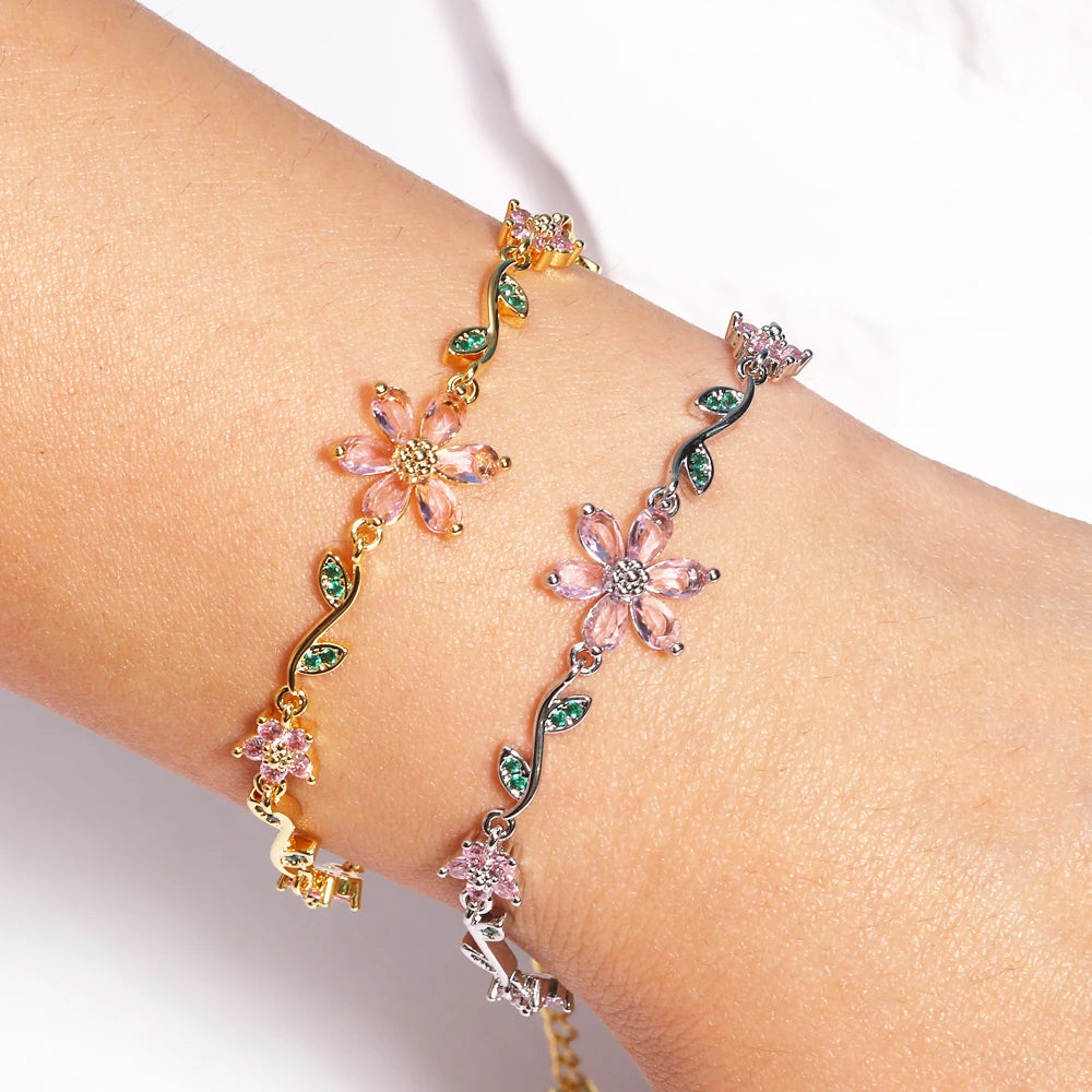 Luxury Pink Zircon Flower Bracelet For Women Girls Sweet Gold Color Crystal Adjustable Bracelet Jewelry Gift