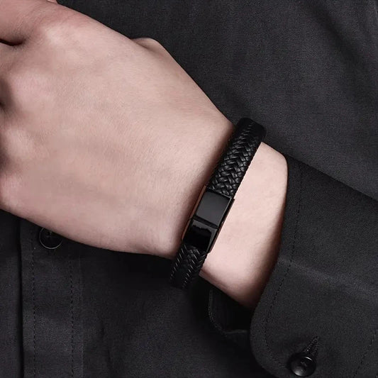 Classic Black Leather Bracelet For Men Hand Jewelry Gift Handsome Bracelet