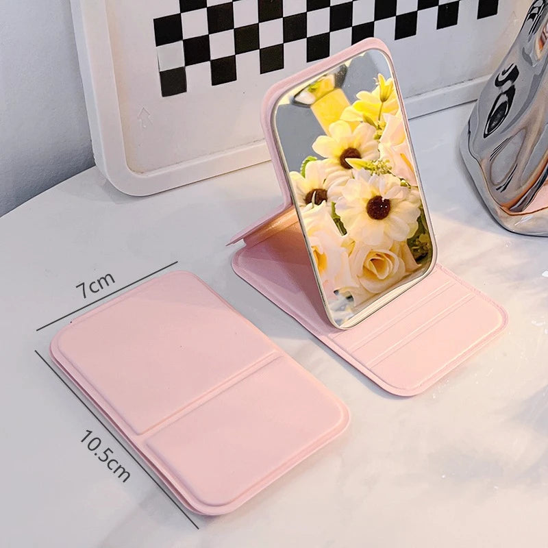 Simple Desktop Makeup Mirror PU Leather Portable Handheld Makeup Mirror Foldable Student Compact Cute Pocket Mirror  Solid Color