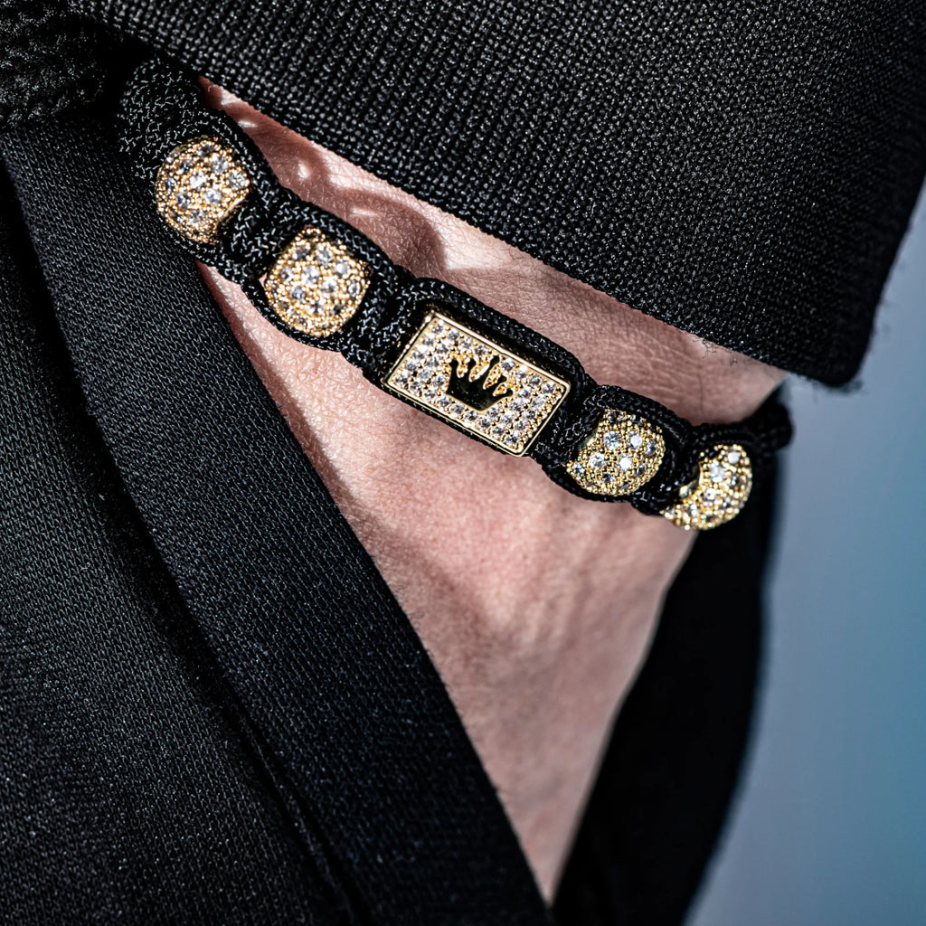 New Men's Adjustable Black Braided Crown Design Bracelet with Sparkling Synthetic Zirconia Stones Elegant GoldenTone Rectangular