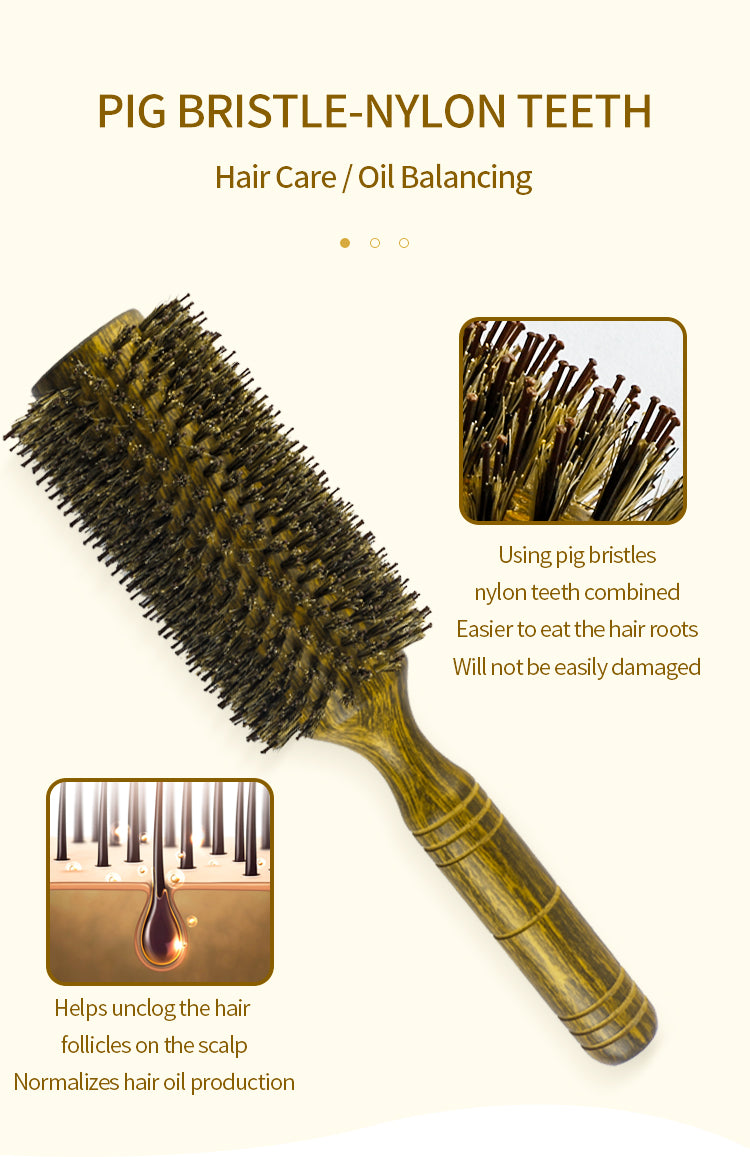 Professional Boar Bristle Round Hair Brush For Women Men Salon Hair Styling Curly And Straight Comb Hairdresser Wood Round Brush