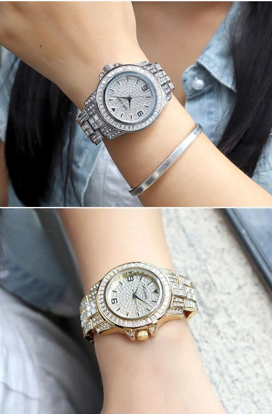 MEGIR New Golden Luxury Watches for Women Fashion Crystal-accented Waterproof Quartz Wristwatch with Stainless Steel Strap