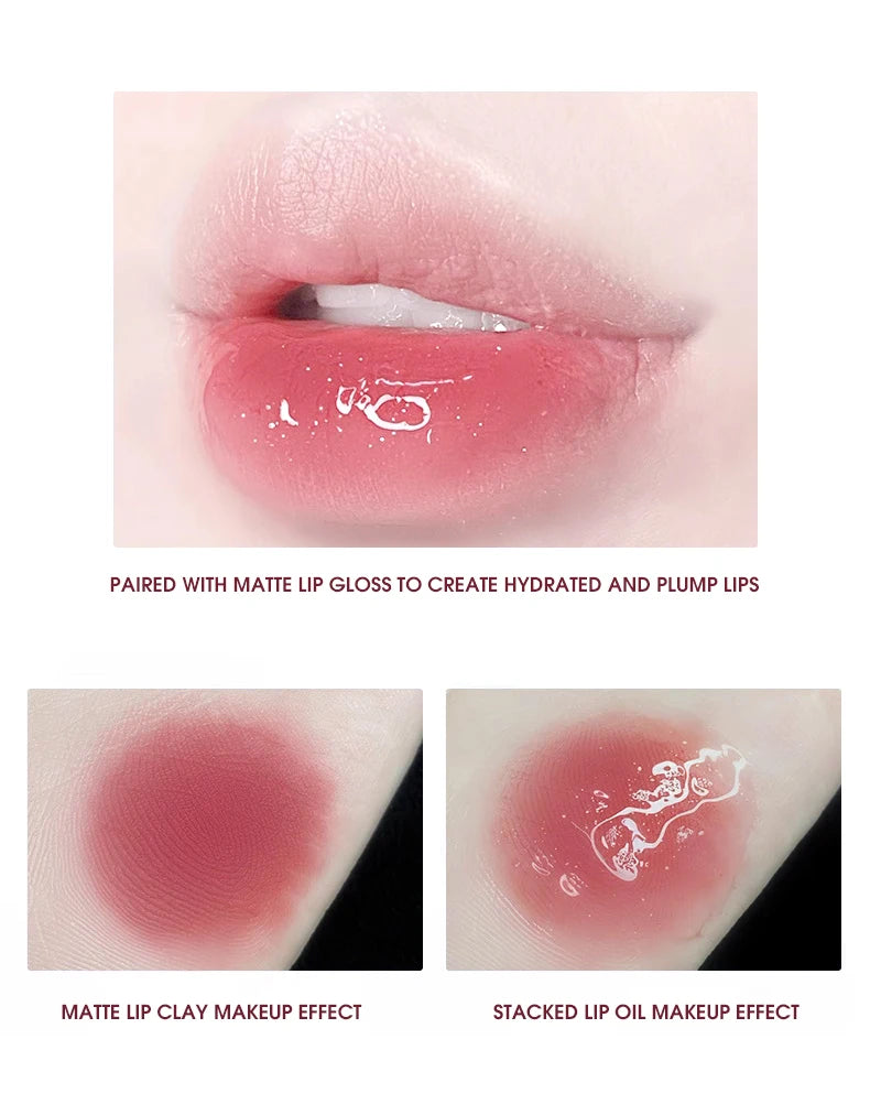 Lightweight and plump lip balm with a glossy mirror finish. The glass lips are moisturized and moisturized with lip oil