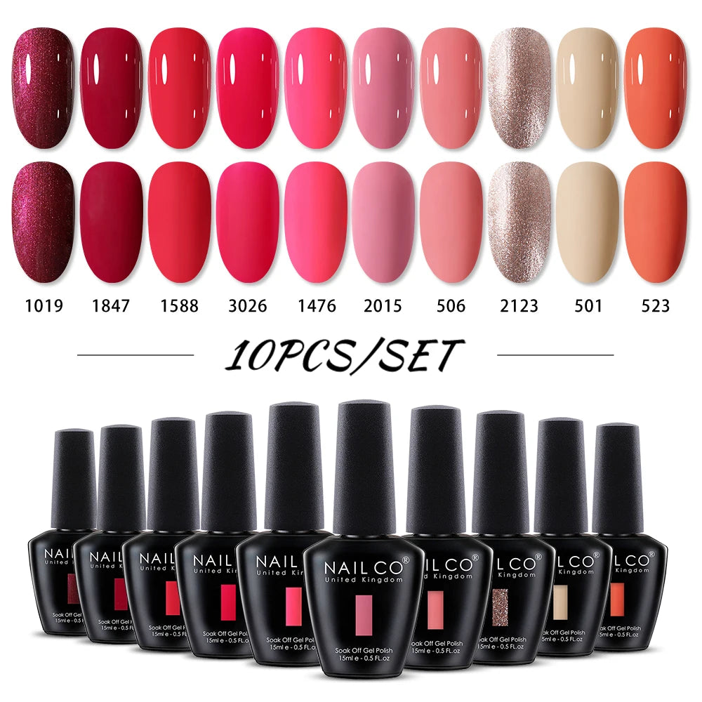 NAILCO 10PCS/Set Gel Nail Polish Gorgeous Full Coverage Semi Permanent Soak Off UV LED Gel Nail Art Base Top Coat Gel Polish Kit