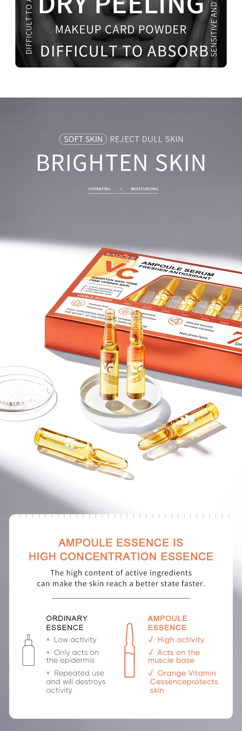 7pcs/Kit SADOER Ampoule Vitamin C 24K Gold Hyaluronic Acid Serum for Face Moisturizing Brightening Hydrating Facial Essence