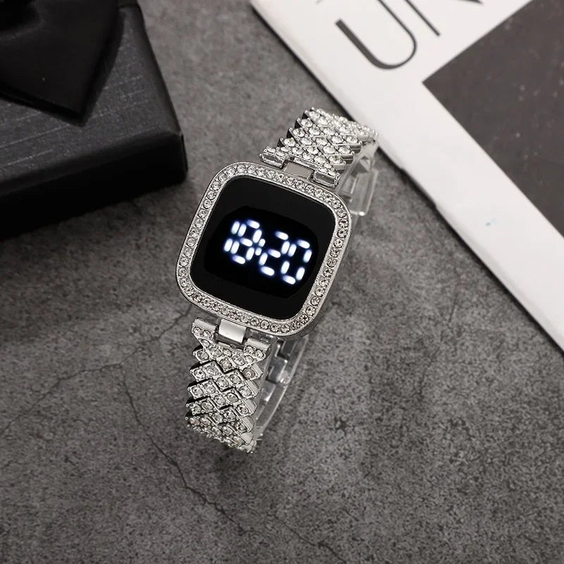 Luxury Rhinestone Digital Watch for Women Simple Touch Screen LED Watch Fashion Steel Strap Rose Gold Ladies Watch Reloj Mujer