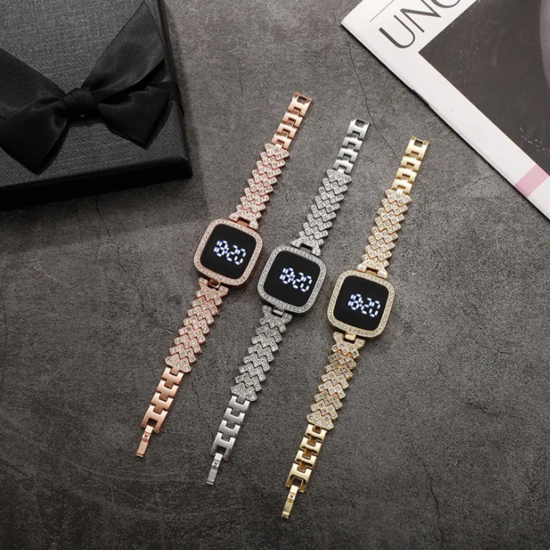 Luxury Rhinestone Digital Watch for Women Simple Touch Screen LED Watch Fashion Steel Strap Rose Gold Ladies Watch Reloj Mujer