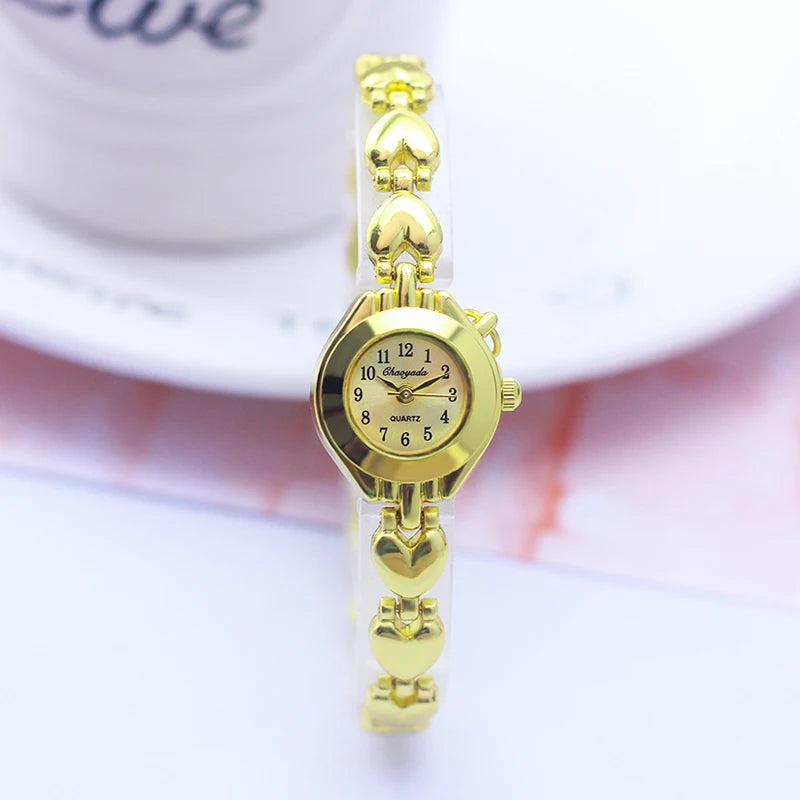 Luxury Woman Lady Gold Love Pendant Bangle Bracelet Wristwatches Young Female Girls Fashion Waterproof Gifts Thin Strap Watches