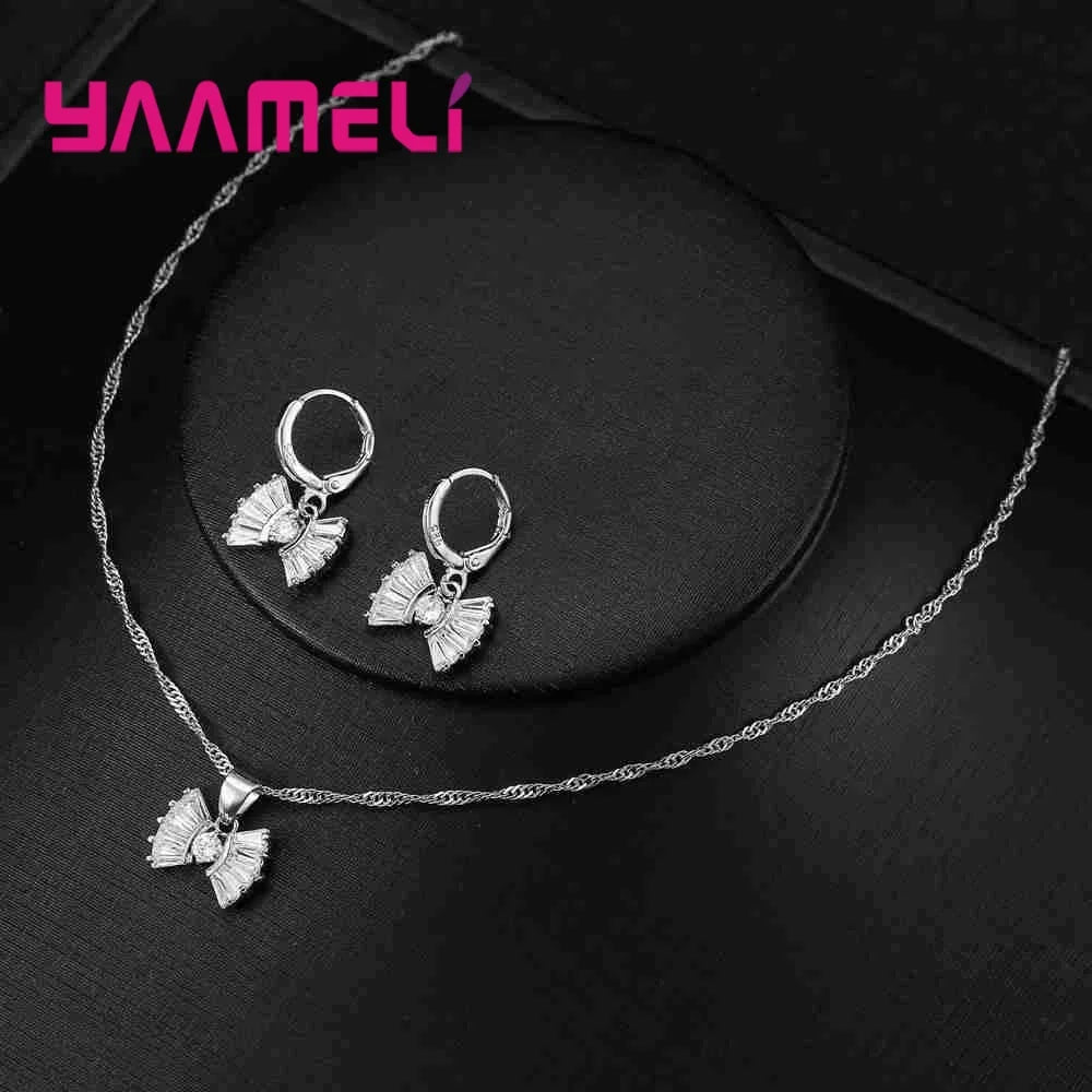 Lovely Women Bowknot Pendants Necklaces Earrings Jewelry Set For Party Accessory Anniversary 925 Sterling Silver Jewellery Sets