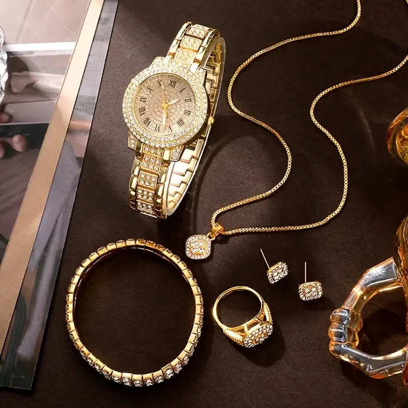 Luxury Women Gold Watch Fashion Ladies Quartz Diamond Wristwatch Elegant Female Bracelet Watches Set Reloj Mujer