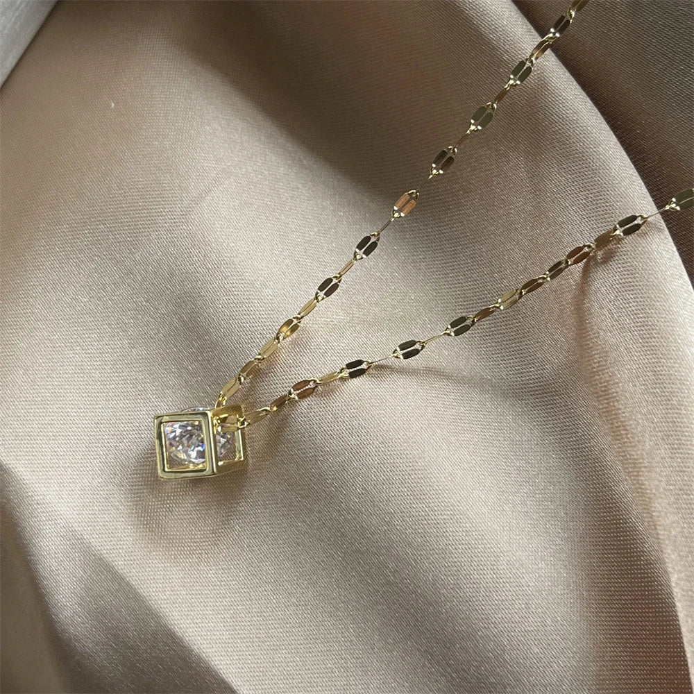 Charms Necklace For Women Aesthetic Cube White Zircon Gold Color Choker Chain On Neck Jewelry Korean Pendants