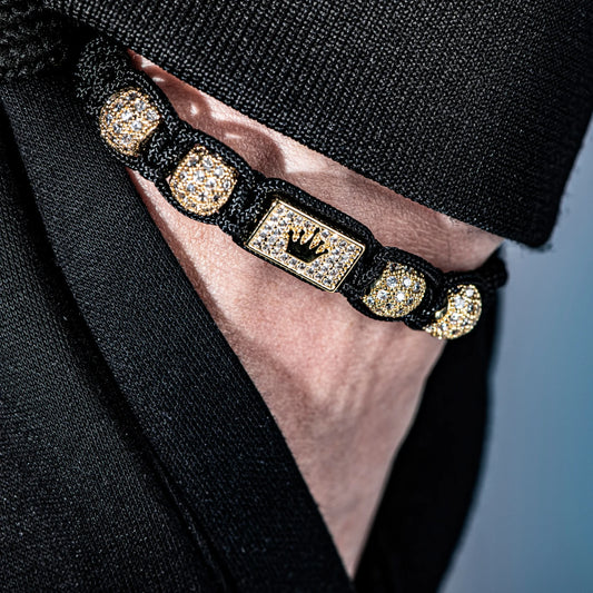New Men's Adjustable Black Braided Crown Design Bracelet with Sparkling Synthetic Zirconia Stones Elegant GoldenTone Rectangular
